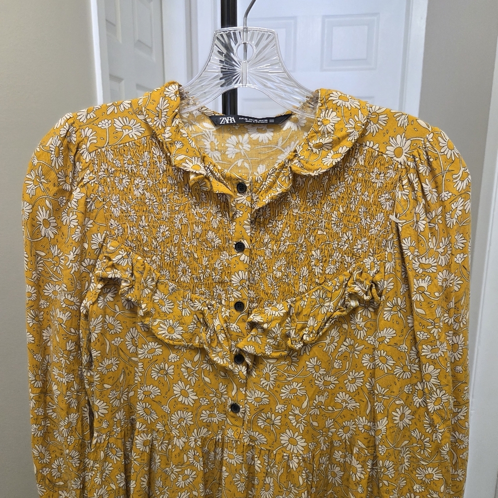 Zara Mustard Yellow Floral Ruffle Dress Boho Prairie Smocked Button Front - Picture 6 of 12